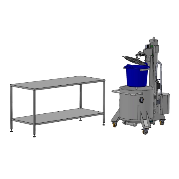 Line with bubble washing tank and table for manual sorting and processing of bulk fruit